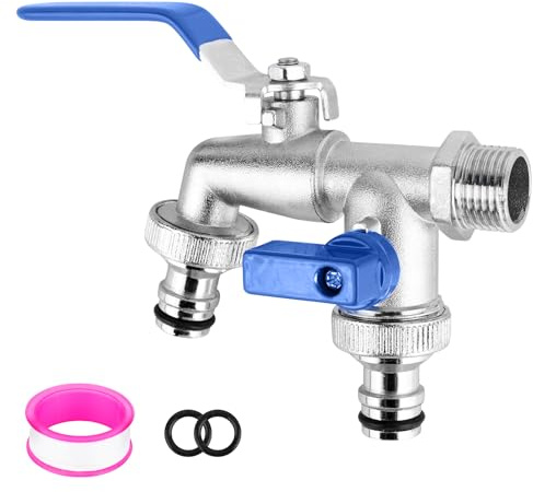 Rubinetto Giardino1/2 Rubinetti da Esterno - alta antigelo -10℃, alta Temperatura 120℃, Rubinetto Doppio Giardino Con 2 Connettori per Tubo Rubinetto Esterno per Lavatrice, Macchina Pioggia, Barile