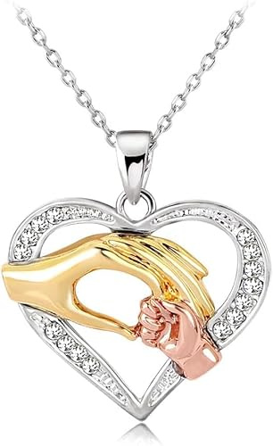 HSAJS Collana Cuore Mamma Bambino Ciondolo Argento Cristalli Brillanti Catena Elegante Gioiello Donna