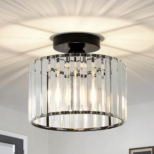 Rayofly Crystal Ceiling Lights - Modern Chandeliers, Black Fitting with Glass Lampshade, Flush Lights for Living Room, Bedroom, Kitchen, Hallway, Bathroom