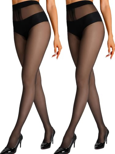 HONENNA Sheer Tights for Women 2 Pairs Ultra Thin Reinforced T Crotch Control Top Pantyhose Stockings Black L