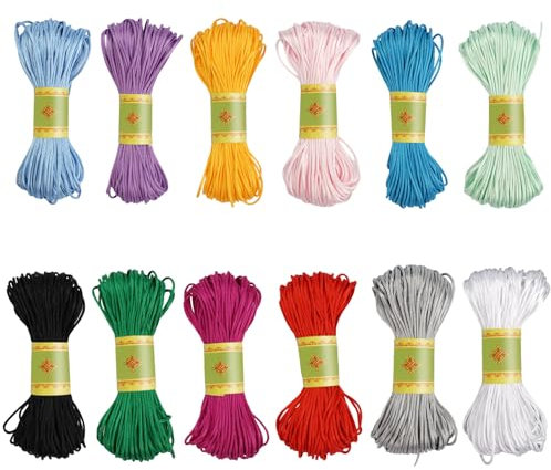 TESSTSY 12 Stücke 1.5mm Satinkordel Perlgarn für Freundschaftsbänder, 12 Farben Nylonfaden, Garn Armband Band knüpfen, Seidiges Knotenband, für Armbänder, Chinesische Knotenkunst (Mehrfarbig)