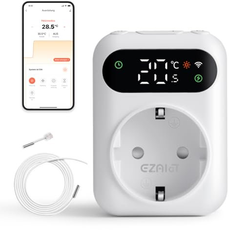 ezAIoT WLAN Steckdosen-Thermostat mit Zeitschaltuhr für Heizung und Kühlung - Digitaler Temperaturregler mit 3m Fühler für Gewächshäuser und Aquarien, 230V, LED Bildschirm