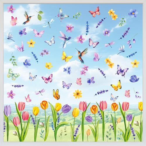 PAIVSUN 9 självhäftande fönsterdekorationsblad med tulpaner, fjäril, kolibri, blommor, vårdekoration, fönsterdekoration (tulpaner)