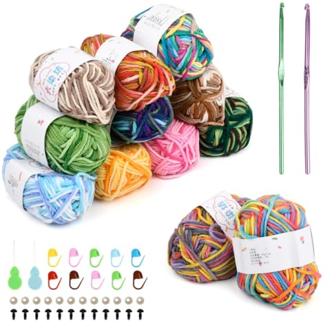 CENBEN 12 Roll Assorted Colors Smooth Soft Milk Cotton Yarn, 12 x 25g Double Knitting Wool Crochet Yarn with 10 Marker Pins & 2 Needles & 12 Doll Eyes Crochet Kits for Beginners Adults