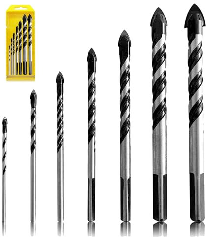 Masonry Drill Bits Set, 7 PCS Twist Multi Material Diamond Drill Bit Tip Mixed for Concrete Brick Walls Hard Tile Ceramic Tile Porcelain Plastic Cement Wood Granite Carbide