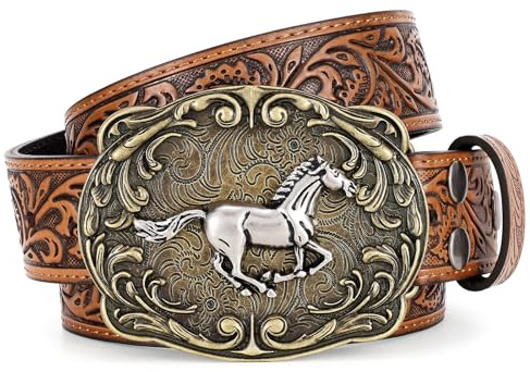 SANSTHS Western Leder Schnalle Gürtel für Männer Frauen Cowboy Herren Ledergürtel für Jeans Herrengürtel Geschenke Trachtengürtel Westliche Gürtelschnalle Pferd Kaffee S