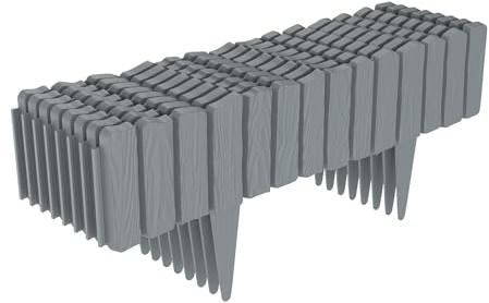 YUENFONG 4,6 m gräskant plast, träutseende. rabattkant, rabattkant, gräskant, palisadenstaket med 10 cm markspett, trädgårdspalissad, blomrabattstaket, grå