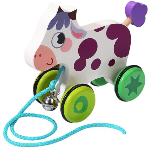 Juguetes de Madera para bebés, Lindo Juguete de Arrastre con Forma de Vaca y Cascabel, Juguetes bidireccionales de Madera para niños pequeños con Rueda Antideslizante, de Desarrollo para