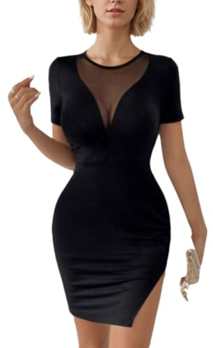 EMOTTOS Abito Mini da Donna in Rete, Abiti Avvolgenti con Maniche Corte Trasparenti e Orlo con Spacco, Abito Aderente in Pizzo Slim Fit per Serate in Discoteca, Nero, Taglie L
