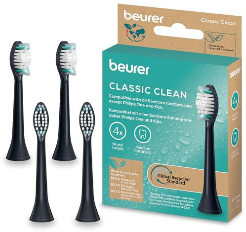 Beurer SC Classic Clean Testine Ricambio Spazzolino Elettrico Sonico Compatibili con Philips Sonicare, Setole a W, Durezza Media, Eco-Friendly, 4 Pezzi per Pulizia dei Denti Profonda e Denti Bianchi