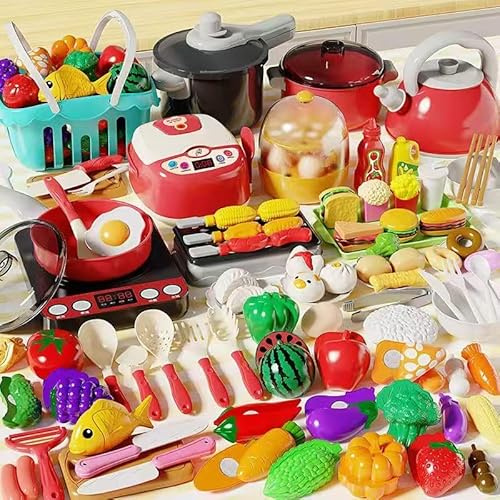 NXPZ 102 Pcs Cocina Juguete, Accesorios Cocina Infantil Exterior, Juego de Roles de Cocina, con Accesorios Cocina, Cazuelas, Comida de Juguete y Cesta de la Compra para Niños y Niñas de 3 a 8 Años