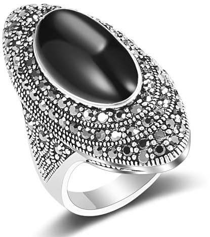 Oval Black Onyx Cocktail Ring - Silver Tone with Rhinestone Marcasite Details, Vintage Boho Statement Ring for Women, Elegant Anniversary Wedding Jewellery Gift (US8=Q)