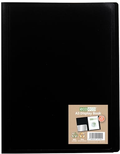 eco-eco eco192 A3 100% recyceltes Buch, 20 Taschen, flexibler Einband, Portfolio-Buch, Ordner, Präsentationsbuch, Schwarz
