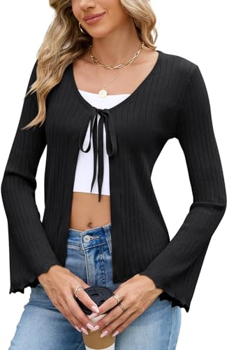 Akiooue Women's Lightweight V Neck Long Bell Sleeve Open Tie Front Cardigans Ladies Summer Autumn Solid Knit Ruffled Cozy Cropped Cardigans