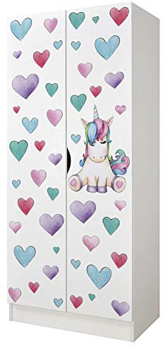 Leomark Weiß zweitüriger Kleiderschrank - Roma - funktionaler Schwebetürenschrank, Dim: 70 x 42,5 x 161,5 (H) cm, Schrank, Möbel für Kinder, UV-Druck: Unicorn