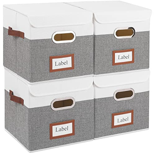 Yawinhe 4 Stück Aufbewahrungsboxen mit Deckel, Stoffboxen mit Griff, Faltbare Kisten Aufbewahrung, für Schränke, Kleidung, 28x28x28cm, Weiß/Grau, SNK028WG-4