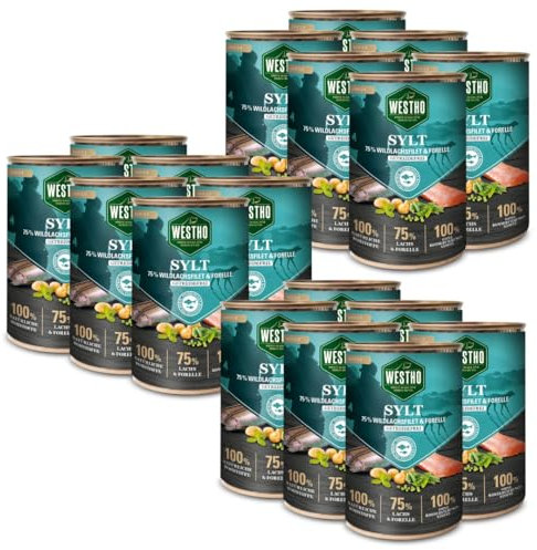 WESTHO Nassfutter Sylt Adult Senior (18 x 400 g) | 75% Wildlachs & Forelle | Getreidefrei | Zum Konditionsaufbau| Zur Haut und Fellpflege | Premium Hundenassfutter