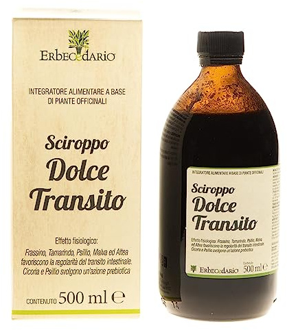 Dolce Transito Sciroppo Lassativo delicato per Stitichezza e Stipsi, Integratore per intestino pigro, Lassativo liquido Sgonfia e Depura l'intestino e favorisce la digestione 1 Flacone in vetro 500ml