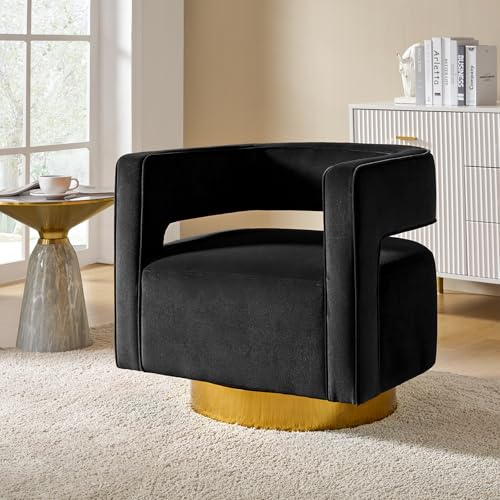 HULALA HOME Sedia Girevole in Velluto Poltrona Moderna con Schienale Curvo Aperto Base Girevole Club Chair in Metallo Dorato per Decorazioni per la casa e il Negozio Nero