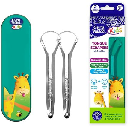 GuruNanda Zungenschaber für Kinder, mit Reiseetui, medizinischer Qualität, 100 % Edelstahl für saubere Zunge und frischen Atem, reisefreundlicher Zungenreiniger für komplette Mundpflege