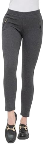 GLADYS - Leggings Eleganti Termici con Orsetto Interno e Tasche Finte - A Vita Media, Leggings Pesanti Invernali - Grigio Melange, S/M