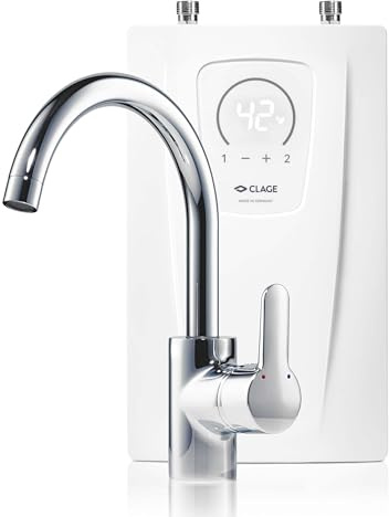CLAGE CEX-U/EAK elektronischer Küchen-Durchlauferhitzer im Set mit Einhebel-Mischarmatur, 11-13,5kW 400V, LED-Sensorbedienfeld, schlankes Design zur Untertischmontage, VDE-GS geprüft