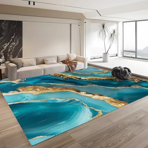 Generisch Teppich Wohnzimmer Abstrakter Achat in Türkis und Gold 160cm x 230cm Teppich- Küche Jugendzimmer Esszimmer Flur und Schlafzimmer Teppich Kurzflor Teppich Extra Weich Pflegeleicht