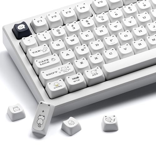XVX Cute Cat Keycaps, Mao Profile White PBT Keycaps, 143 Keys Meow Meow Keyboard Keycap Sets Compatible with 65% 75% 96% 100% Cherry Gateron MX Switches Mechanical Gaming Keyboard