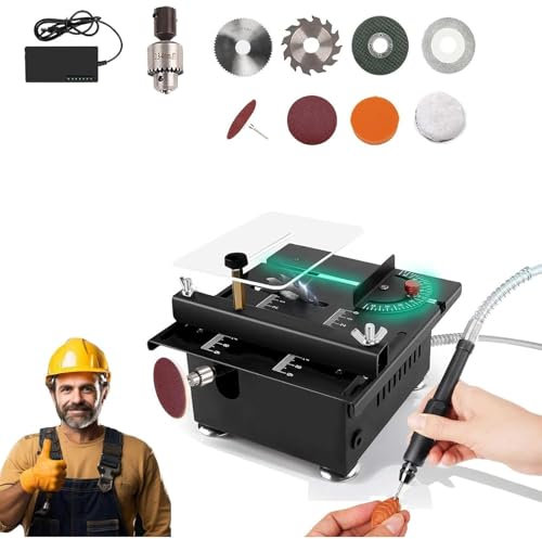 Mini Multifunctional Table Saw, 2025 New Desktop Electric Saw Cutter, Portable Liftable for Wood Cutting, 16MM Adjustable Cutting Depth, 7 Speed Adjustable Power Supply (Cutting and Grinding)