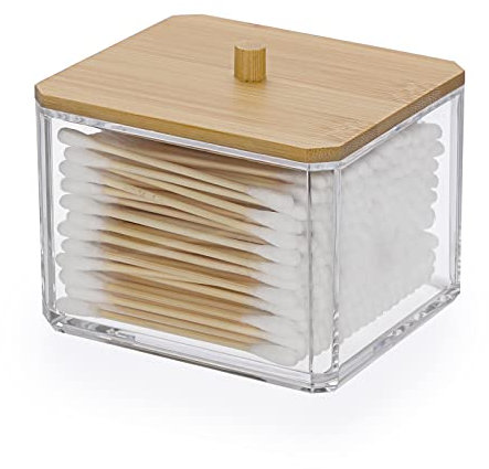 OGANAZI Wattestäbchen Box Acryl Wattepads Behälter Transparent Aufbewahrungsbox mit Bambusdeckel Klein Schminktisch Organizer für Tupfer, Tampon, Beauty-Ei, Schmuck, Kosmetik, Haarbänder (Quadrat)