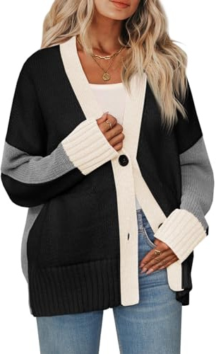 Saodimallsu Womens V Neck Cardigan Sweaters Color Block Button Oversized Long Sleeve Open Front Knit Sweater Coats Black