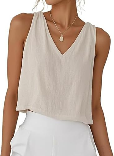 PADOLA Débardeur Femme Lin Chic et Élégant Col V Debardeur Court Été Uni Top sans Manche Coton Basique Tee Shirt Grande Taille Lâche Haut Fluide Débardeurs Ample Caraco