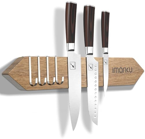 imarku Magnetic Knife Holder for Wall - 16 Inch Acacia Wood Magnetic Knife Strip with Powerful Magnet, Knife Magnetic Strip for Kitchen Utensil Organizer with 4 Hooks, Natural Acacia