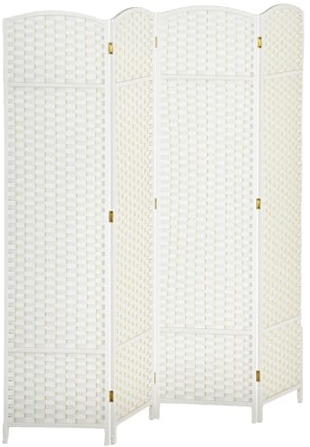 HOMCOM Paravent 4-teilig 160 x 170 cm Raumteiler Faltbar Trennwand aus Kiefernholz, Sichtschutz Raumtrenner Stellwand für Wohnzimmer Weiß