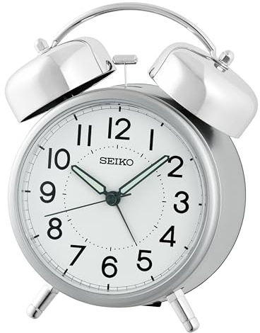 SEIKO QHK063SLH Retro Modern Bell Non Ticking Bedroom Alarm Clock, Silver, 6 x 5 Inches
