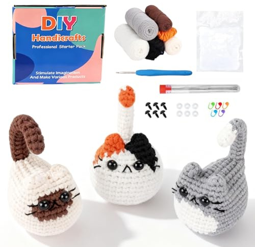 Set all'uncinetto per principianti, set all'uncinetto per animali, 3 simpatici gatti all'uncinetto, set completo per bambini e adulti con istruzioni video passo-passo, set di uncinetti per