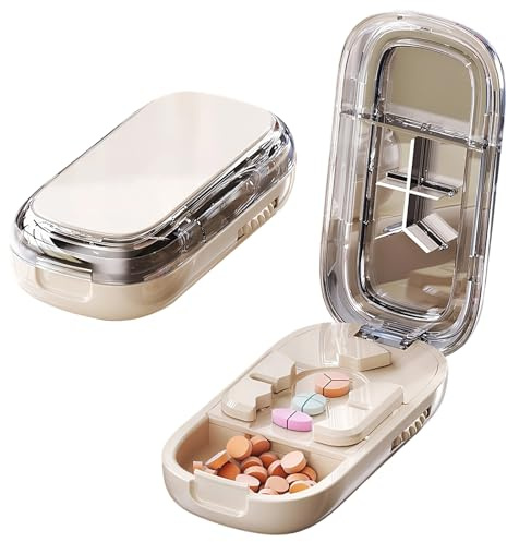 Pill Cutter for Small Pills, Tablet Cutter for Pills, Compact & Portable, Precise Splitting 1/2 1/3 1/4 Splitter for Tablets with Storage Compartments, for Travel, Daily Life, Human, Cat, Dog, White