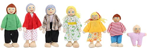 FTVOGUE Set Famiglia Casa delle Bambole in Legno, 4 Stili Corpo Morbido Arti Flessibili Giochi di Ruolo Giocattoli per Bambini con Materiale di Pino Sicuro per Bambini da 1 a (Bocca del burattino 7)