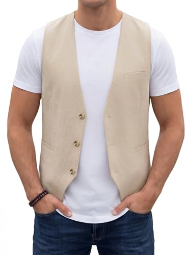 HISDERN Men's Waistcoats Casual Linen Waistcoat Solid Summer Suit Vest with Pockets for Wedding Party Business Prom