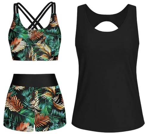 CheChury Tankini-set för kvinnor, 3 delar, atletiska badkläder, racerback topp, sport-bh och badshorts med fickor, baddräkt blygsamma tankini-set Storbritannien