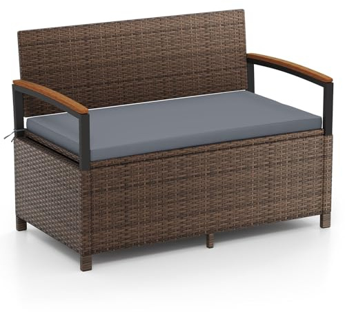 COSTWAY Panca da Esterno con Contenitore 175 L per 2 Persone, Panchina da Giardino con Cuscino, Schienale e Braccioli in Legno, Divanetto in Rattan PE con Borsa Impermeabile per Patio (Grigio)
