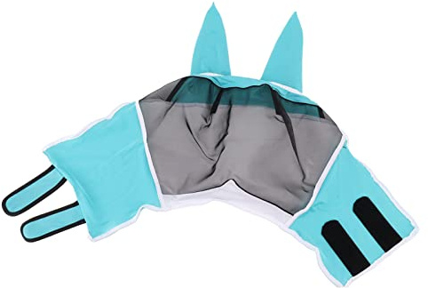 BAFOVY Masque Anti-Mouches pour Cheval, Masque de Cheval en Respirante avec Oreilles, Couverture Faciale de Protection UV en Tissu tricoté avec Coutures Douces, Crochet et Boucle pour l'équitation