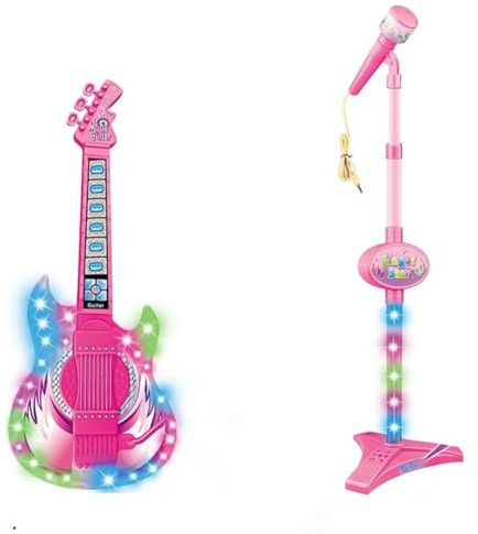 Aundhegrtt Guitare Électrique et Microphone Jouet Musical Éducatif, Guitare avec Musique et Microphone Coloré
