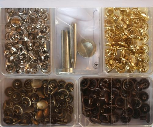 Yline 3079 - Assortimento di 72 borchie 9 mm argento – rame antico – ottone antico con attrezzi (rivetti cavi) in confezione SB