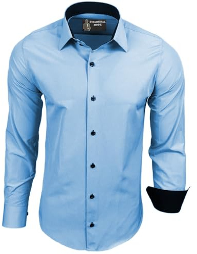 Subliminal Mode - Repassage Facile Chemise Homme Col Bicolore Uni Manches Longues Coupe Slim Business Idée Cadeau, Noël, Saint Valentin RN44,S,Bleu Light