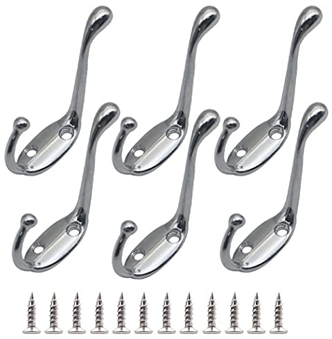 Hoshen Lot de 6 crochets muraux rétro style européen pour salon, chambre, vestiaire, intérieur et extérieur, avec 12 vis Argenté