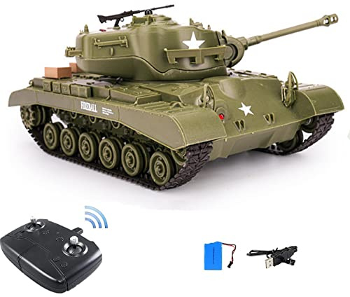 RC Tank M26 PerShing Vehículos militares para camiones RC Car Control remoto Militar tanque de batalla Juguete giratorio de 320 ° sonidos realistas Gran regalo para niños y niños (verde)