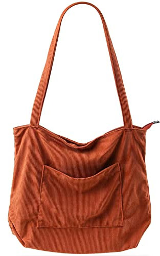 Funtlend Cord Umhängetasche Damen mit Reißverschluss, Shopper Tasche für Uni, Arbeit, Mädchen, Schule und Alltag - Kord Einkaufstasche
