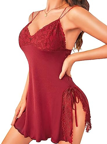 RSLOVE Lingerie da donna sexy babydoll pizzo camicia da notte chemise negligees, Rosso vinaccia, S