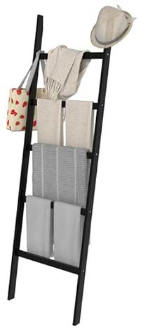 Blanket Ladder, Bamboo 5-Layer Towel Racks, Blanket Quilt Towel Holder Rack Decorative Ladder, Easy Assembly, Rustic Farmhouse Ladder Shelf for Living Room, Bedroom, Bathroom, Home Decor, Black